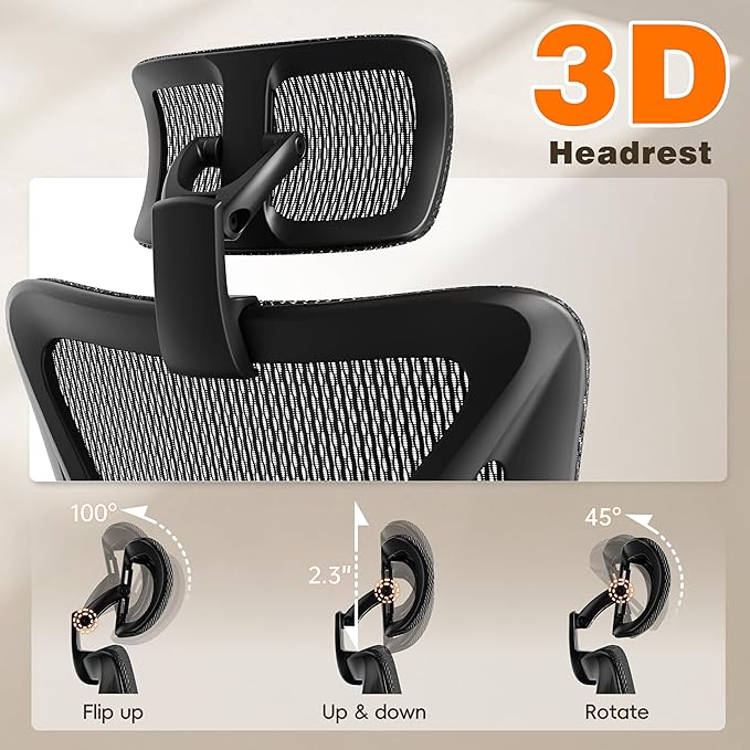 GABRYLLY Ergonomic Office Chair with Footrest, 135° Reclining Desk Chair with Adjustable Lumbar Support,3D Armrest,Headrest & Large Steel Base, 300LBS Heavy Duty Mesh Chair