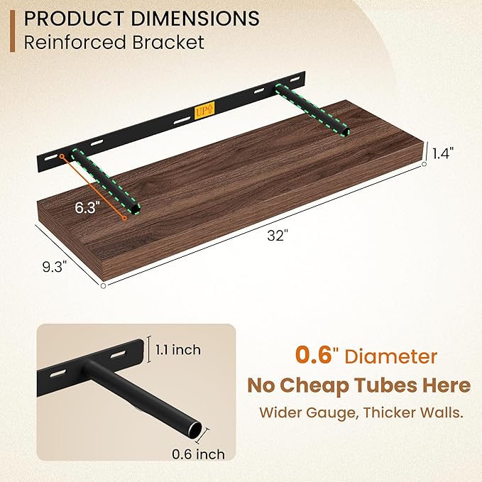 Fun Memories Floating Shelves 32 Inch Long, 9.3Inch Deep Floating Shelves for Wall, Extra Deeper & Thicker Wall Mounted Storage Shelf for Kitchen, Farmhouse, Walnut, 2 Pack