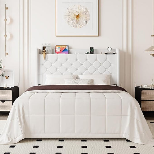 Allewie Full Size Bed Frame, Storage Headboard with Charging Station, Wingback Velvet Upholstered, Diamond Stitched Button Tufted, Sturdy Wooden Slats, No Box Spring Needed, Easy Assembly, White