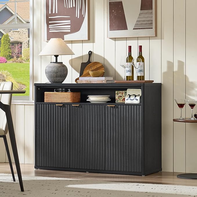 LEYAOYAO Fluted Buffet Cabinet with Storage, 45" Wide Wood Sideboard Credenza with 3 Doors & Open Storage Shelf, Modern Kitchen Console Accent Cabinets, Coffee Bar Table for Dining Room, Black Oak