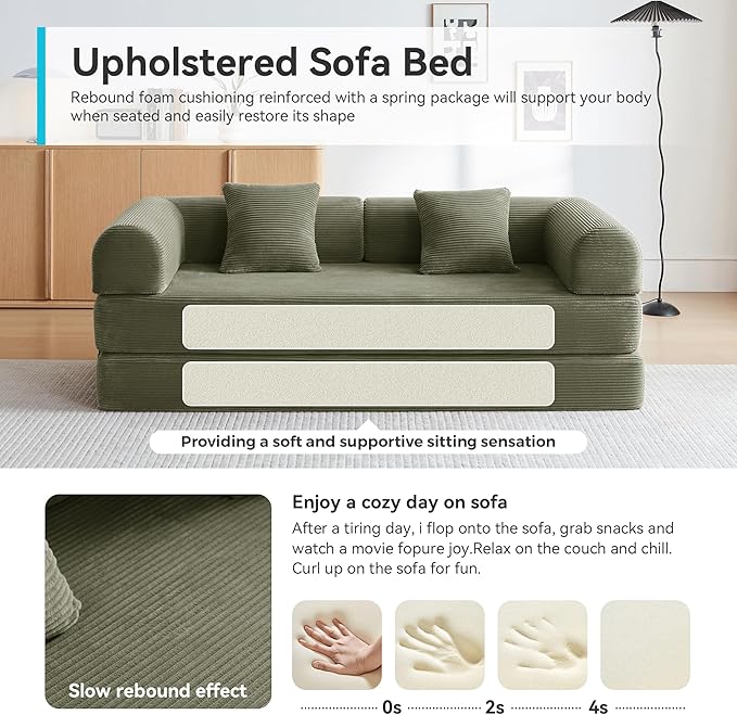 Sleeper Sofa, Comfy Convertible Folding Couch-Futon-Corduroy Fabric Sleeper Sofa Bed with 2 Pillow, Removable Soft Cushion for Small Living Room Dorm/Bedroom/College/Office (Light Green)