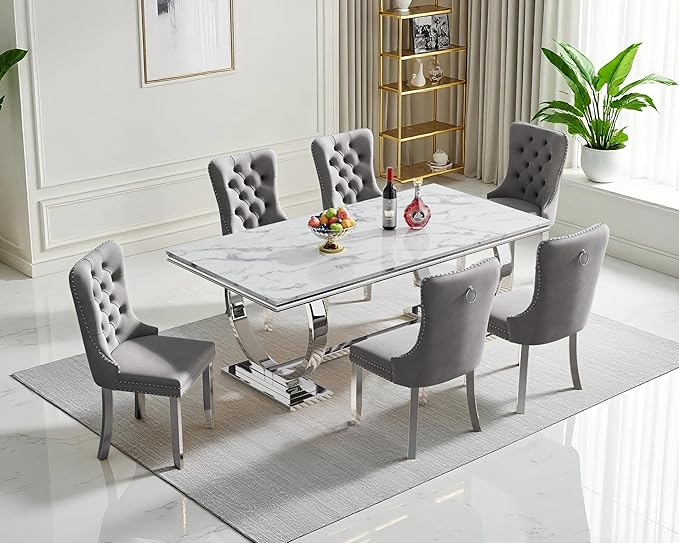 Goujxcy 68" Faux Marble Dining Table Set for 6, 7-Piece Dining Set with White Silver Kitchen Table and 6 Velvet Tufted Chairs, Modern Marble Dining Room Table with O-Shape Stainless Steel Base