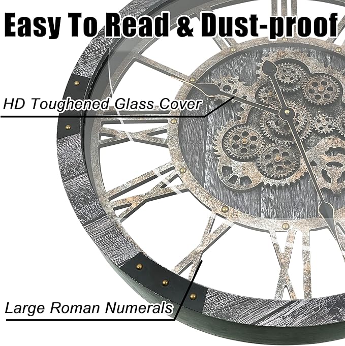 DORBOKER 24" Large Wall Clock with Moving Gears,Oversize Vintage Industrial Rustic Farmhouse Clocks for Living Room Decor Office Home,Solid Wood HD Tempered Glass Cover,Carbon Grey