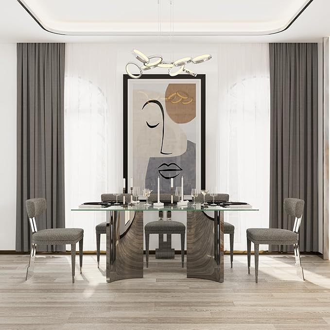 Asday Glass Dining Table, 70 inch Rectangular Dining Room Table, Double Pedestal Dining Table with Clear Tempered Glass Top and Mirrored Silver Trestle Base