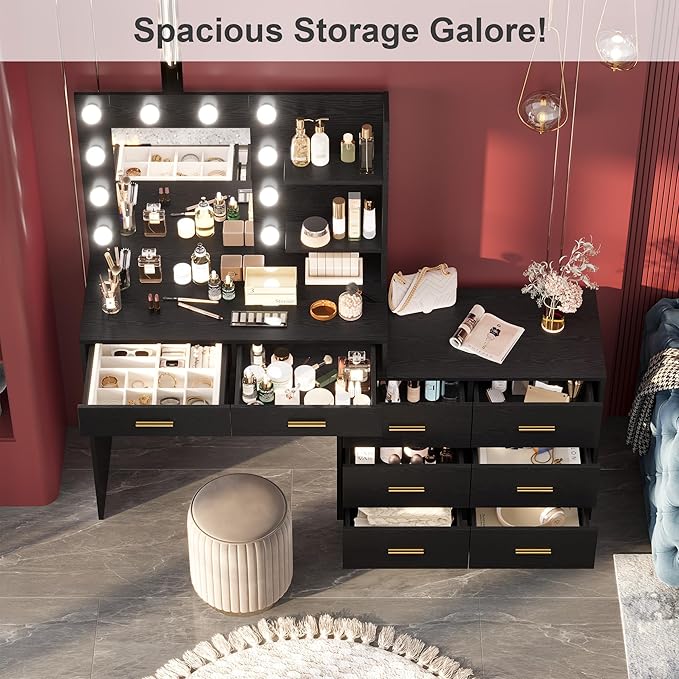 GarveeHome 61 in Make up Vanity Desk with Mirror and Lights, Black Vanity with 8 Wide Storage Drawers & 2 Tier Shelves, 3 Lighting Modes with Adjustable Brightness for Bedroom