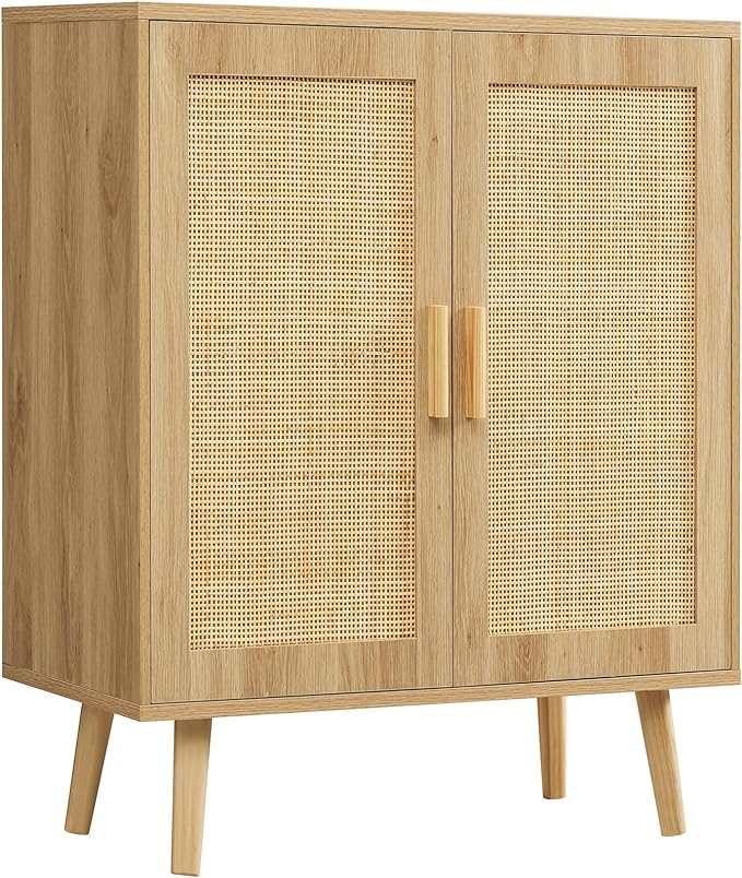 Iwell Storage Cabinet with 2 Shelves, Rattan Cabinet with 2 Doors, Sideboard Buffet Cabinets with Storage for Living Room, Dining Room, Entryway, Natural