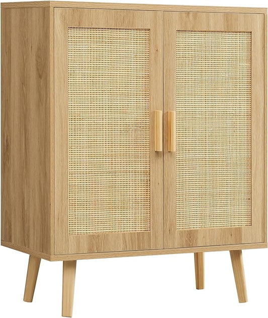 Iwell Storage Cabinet with 2 Shelves, Rattan Cabinet with 2 Doors, Sideboard Buffet Cabinets with Storage for Living Room, Dining Room, Entryway, Natural