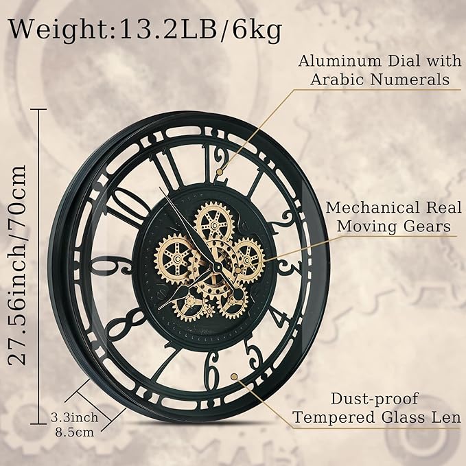 DORBOKER Moving Gears Wall Clock Large Modern Metal Clocks for Living Room Decor, Industrial Steampunk Unique Vintage Rustic Decorative Clock for Home Farmhouse Office, 27.6 Inch,Black Gold Arabic