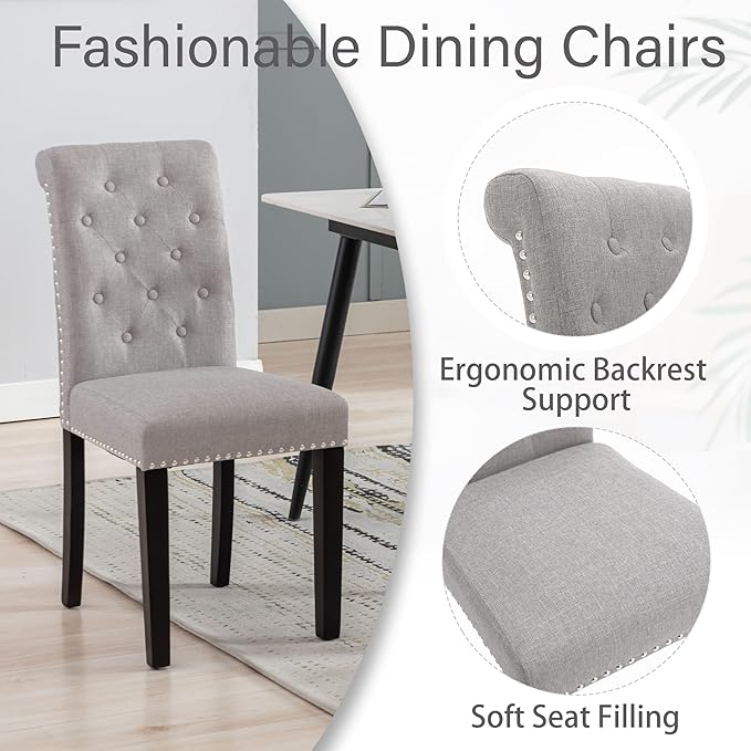 Westice Dining Room Chairs Set of 4 Upholstered Fabric Kitchen Chairs Dining Room Side Chair with Nailhead Trim and Rubber Wood Legs for Small Space Apartment, Light Gray
