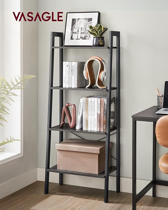 VASAGLE Ladder Shelf, 4-Tier Bookshelf, Storage Rack, Bookcase with Steel Frame, for Living Room, Home Office, Kitchen, Bedroom, Industrial Style, Charcoal Gray and Ink Black ULLS044B04