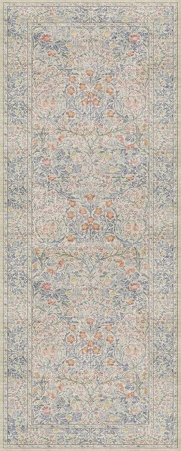 Washable Bathroom Runner Rug 2x5, Non Slip Runner for Laundry Room, Bathroom Sink Mat - Vintage Pastel Beige Blue Throw Rug, Ultra Soft Low Pile Stain Resistant