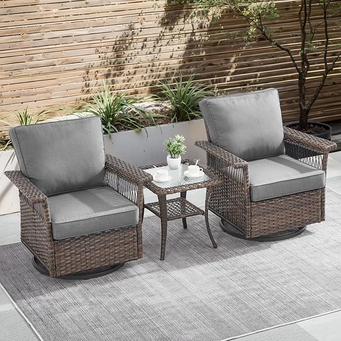 Outdoor Swivel Glider Chairs - 3 Pieces Hollow Widen Armrests Wicker Patio Furniture Set with Side Table, High Back Outside Swivel Rocker for Balcony Porch Deck and Yard - Brown/Gray
