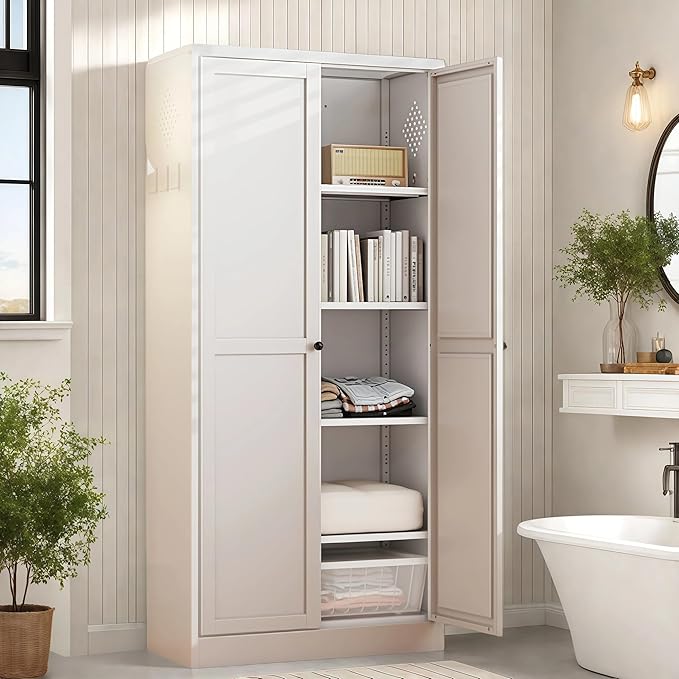 61'' Storage Cabinet, 4 Adjustable Shelves Kitchen Pantry with 2 Doors, Tall White Metal Storage Cabinet with External Hooks, Heavy-Duty Farmhouse Pantry for Kitchen Living Room