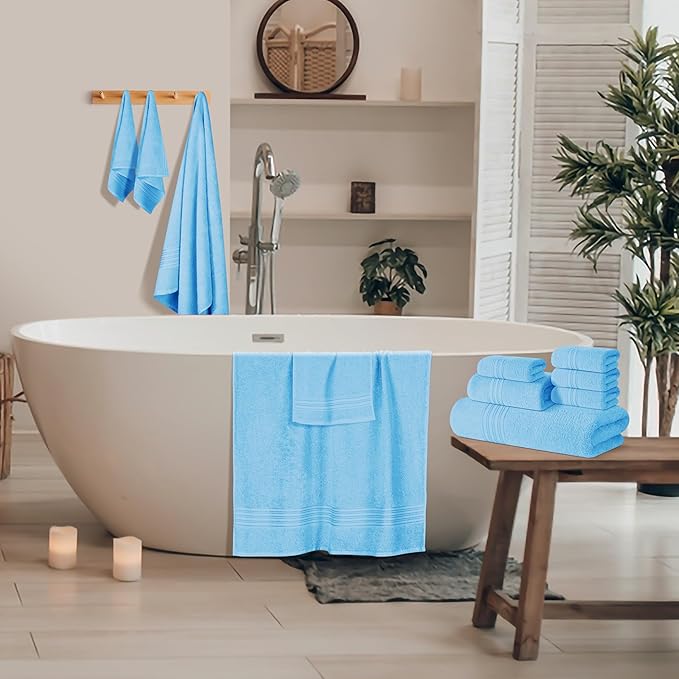 BOUTIQUO 100% Cotton Towel Set, Contains 4 Soft Bath Towel, 6 Hand Towels, 8 Wash Cloths - Compact Absorbent Lightweight & Quickdry Towels for Bathroom - 18 Piece Bathroom Towel Set - Sky Blue