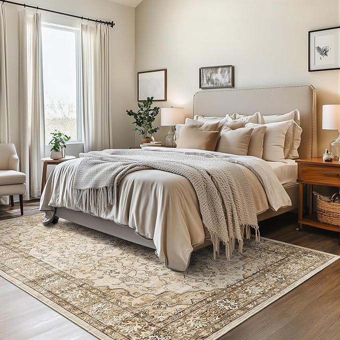 Natural Beige Area Rugs 5x7 Indoor Vintage Trellis Living Room Rug Washable Low Pile Soft Faux Fur Non Slip Sound Absorbing Tan Boho Floral Carpet Rugs for Bedroom Office Patio Dining Room Bathroom