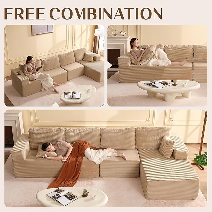 138" Boneless Couch with Deep Seat, Modular Sectional Sofa, Cloud Sectional Couch for Living Room, No Assembly Required, Corduroy, 4 Seater L-Shape Right, Camel