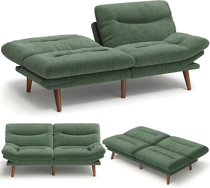 Amada 75" Convertible Futon Sofa Bed, Corduroy Folding Futon Set with Adjustable Backrest &Armrests, Recliner Lounge for Living Room, Apartment or Office, Solid Wood Frame, Loveseat Sofa -Forest Green