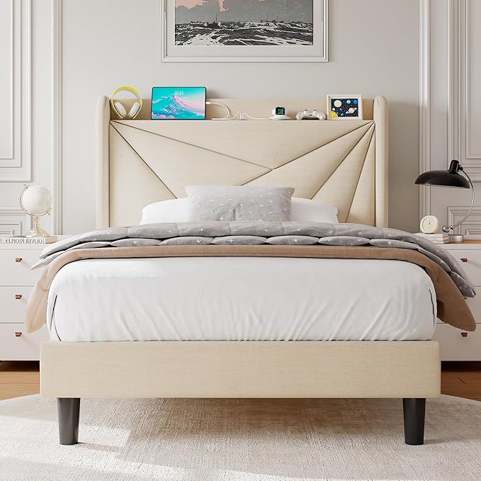 Twin Size Upholstered Bed Frame with Charging Station, Platform Bed Frame with Storage Headboard, Solid Wood Slats Support, No Box Spring Needed, Beige