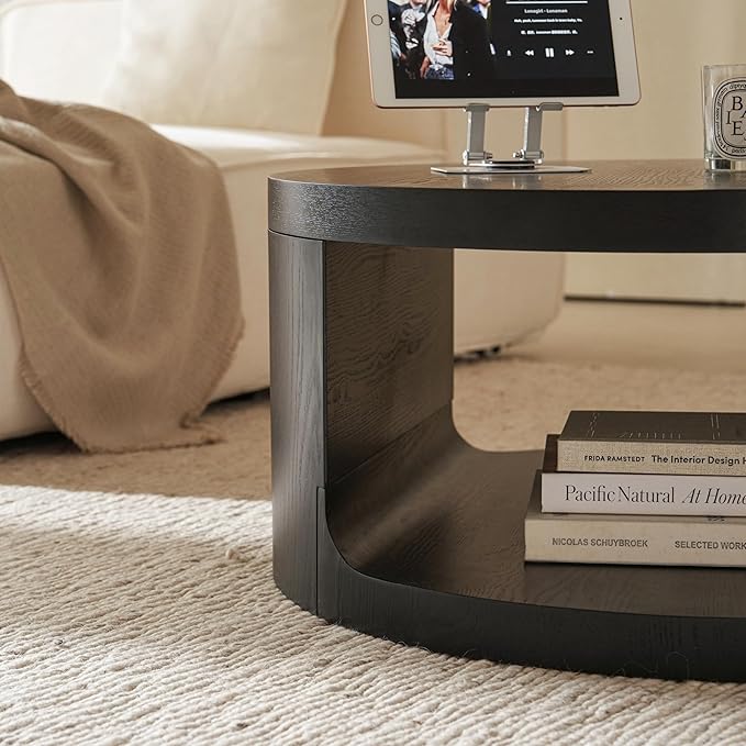 Round Coffee Table with Storage, 31.5" Modern Living Room Table, 2 Tier Circle Wood Center Tables for Apartment, Living Room, Open-Style Storage Black Coffee Tables, 31.5"*15.7"(Black)