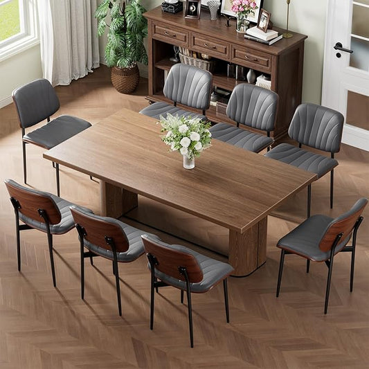 Dining Chairs Set of 8, Mid-Century Modern Upholstered PU Leather Chairs with Walnut Back and Metal Legs Adjustable Feet for Kitchen Dining Room, Dark Gray Shell Strips