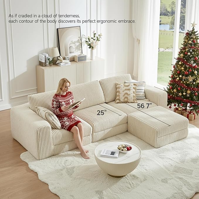 ONBRILL 110" Modular Sectional Sofa,L Shaped Couch 4 Seater with Sleeper Chaise,Upholstered Corduroy Couches for Living Room,Bedroom,No Assembly,Beige