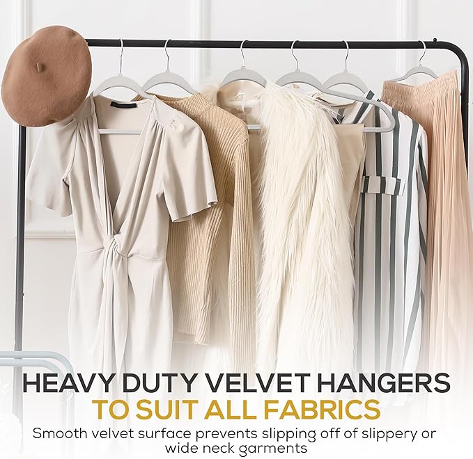 Premium Velvet Hangers 50 Pack Ultra Thin Non Slip Adult Felt Space Saving Suit Hanger for Closet Heavy Duty Coat Pants Jackets Dress Hangers 360° Swivel Hook Hold Upto 10 lbs Silver Birch
