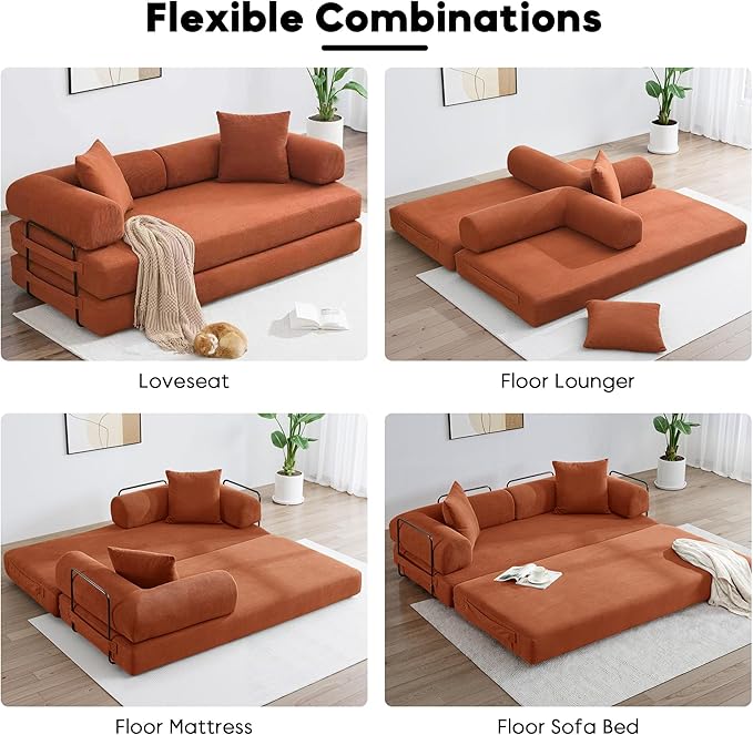 Convertible Sleeper Sofa Bed with Cylindrical Pillow, Corduroy Folding Mattress Couch with Fixed-Shape Frame, Floor Sofa Lounge Couch for Living Room Bedroom Lounge Studio, Orange