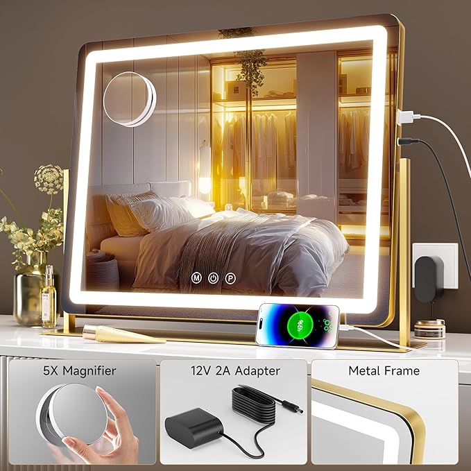 Hasipu Vanity Mirror with Lights, 24" x 18" LED Makeup Mirror, Light up Mirror with 5X Magnification and Phone Holder, USB Charging Port, Smart Touch 3 Colors Dimmable, 360° Rotation (Gold)