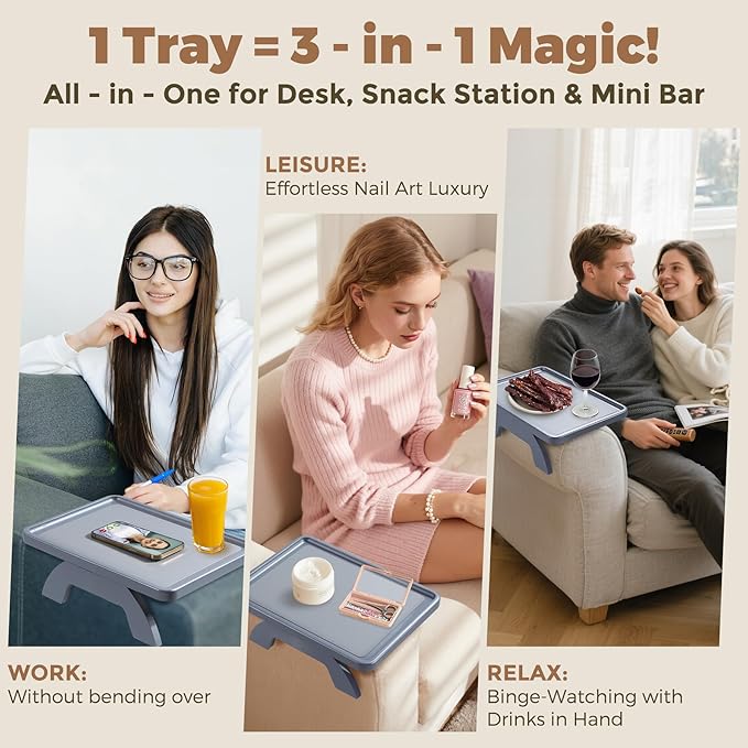 Couch Armrest Table, Foldable Bamboo Sofa Arm Tray for Couch with a Non-Slip Pad, Clip On Couch Arm Table for Remotes/Eatting/Drinks, Fits Sofa Armrest 3.5"-13.5" Gray