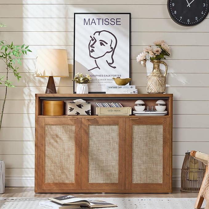 LEYAOYAO Rattan Sideboard Buffet Cabinet,45" Coffee Bar Cabinet with 3 Doors & Open Storage Shelf,Modern Credenza Console Table for Living Room Rattan Farmhouse entryway Brown