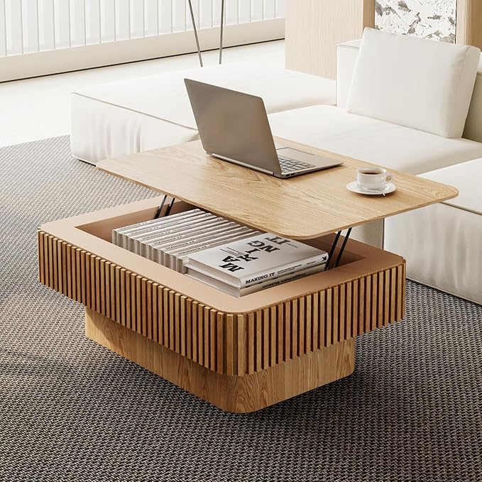 38.6" Lift Top Fluted Coffee Table with Storage, Rectangle Coffee Table with Solid Wood Veneered, Modern Wooden Center Table, Accent Tea Table for Living Room Apartment, Natural