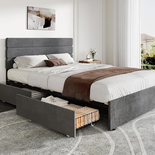 WLIVE Queen Size Upholstered Bed Frame with 4 Drawers and Velvet Square Tufted Headboard, Sturdy Metal & Wooden Slats Support, No Box Spring Needed, Easy Assembly, Dark Grey