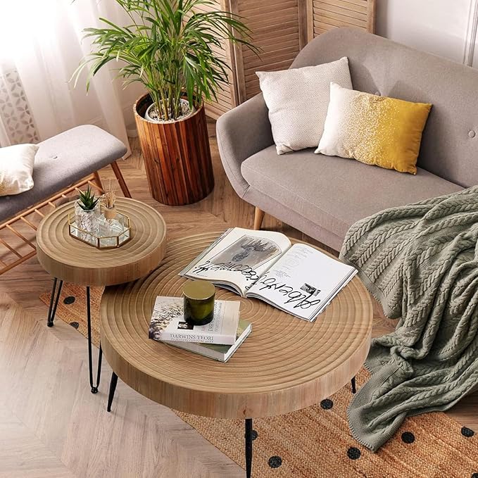 RUSTOWN Farmhouse Round Coffee Table Set of 2, Helical Ring Cocktail Table Set, Modern Circle Natural Wood Finsh Side and End Table Sets for Living Room, Natural