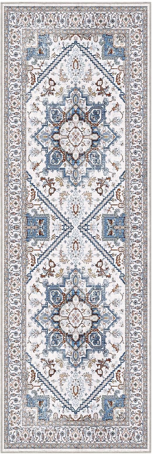 OPPODREAM Thin Entryway Rug 2x6, 2x6 Rug Runner, Neutral Washable Hallways Carpet 2 x 6 with Non Slip Backing, Low-Pile Bedside Carpet 2 x 6, Long, Faux Cashmere, Cream White & Blue & Light Brown