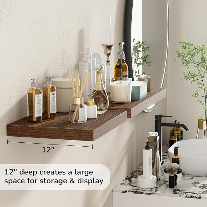 Fun Memories Floating Shelves - 2 Pack 12 Inch Rustic Wooden Wall Shelves - Extra Deeper & Thicker Wall Mounted Storage Shelf for Living Room, Kitchen, Farmhouse - 16" W x 12" D x 1.5" H - Walnut