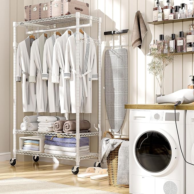 Heavy Duty Rolling Garment Rack 3 Tiers Adjustable Wire Shelving Clothes Rack with Rods and Side Hooks,Storage Closet Clothing Rack with Wheels White 15.7" D x 29.5" W x 74.5" H