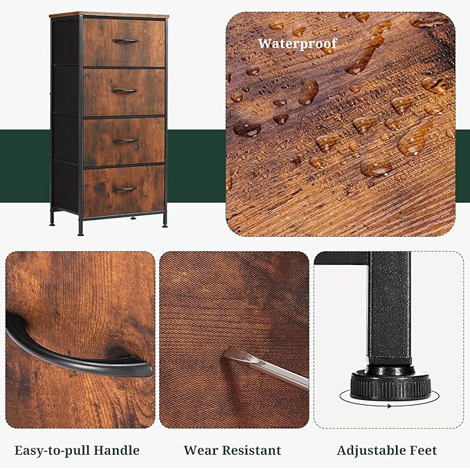 Nightstand, 4 Drawer Dresser End Table Bedside Furniture with Wooden Top Steel Frame Fabric Bins for Bedroom, Closet, Entryway, Dorm, Living Room, Brown