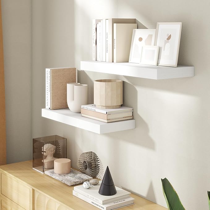 24 Inch Floating Shelves for Wall, 8 Inch Deep Floating Shelf for Storage & Display, Rustic Wall Mounted Shelf with Invisible Brackets for Living Room, Kitchen, Bathroom, Home Decor, Set of 2, White