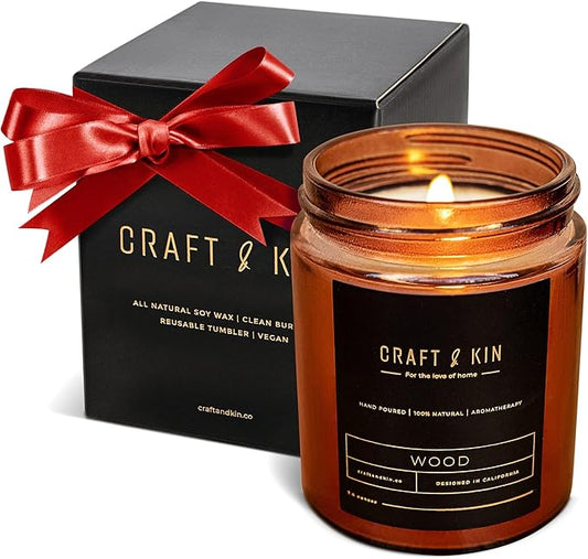 Craft & Kin Christmas Scented Candles for Men | Premium Wood Candle | All-Natural Scent for Home | Long Lasting Holiday Candles with 45 Hour Burn Time, 8oz