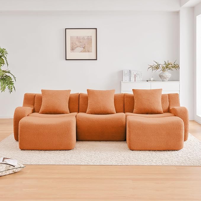 Orange U-Shaped Cloud Couch with 2 Ottomans, Modern Teddy Fabric Boneless Sectional Sofa in a Box for Living Room, Modular Floor Couch, Deep Seat, No Assembly Required, Sofas para Sala