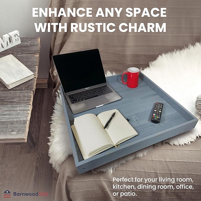 Wooden Ottoman Tray with Felt Pad – Decorative Couch Serving Tray Made with Real Rustic Reclaimed Wood - Perfect for Living Room Ottomans, Sofas, & Coffee Tables -18" x 18"- Slate Blue