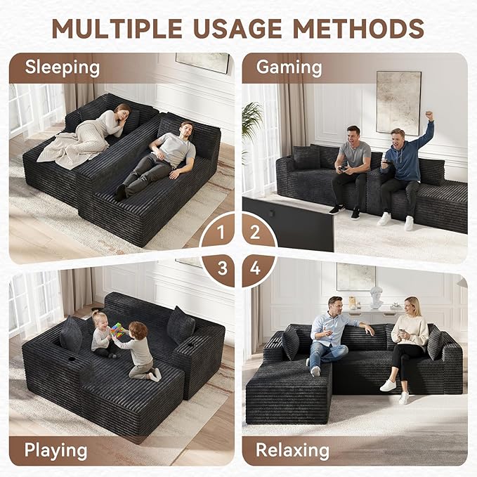 106" Cloud Couch Corduroy Modular Sectional Sofa L-Shape Boneless Couch with Wide Armrests and Cup Holders for Living Room Bedroom, No Assembly Required (Grey)