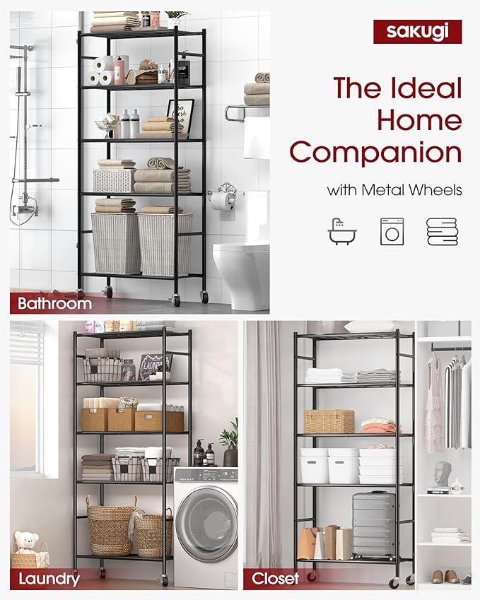 Storage Shelves Organizer - 5 Tier Metal Shelf Organizer with Metal Wheels and Adjustable Leveling Feet, Heavy Duty Garage Shelving for Kitchen, Pantry and Closet, 33.1"x12.6"x73.5", Black