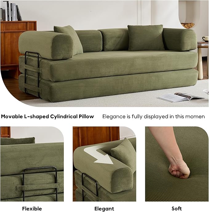 Convertible Folding Couch Bed, Comfy Corduroy Sleeper Floor Sofa Bed with Fixed-Shape Frame, Floor Sofa with Armrest, Lounge Couch for Living Room Bedroom Lounge Studio, Green