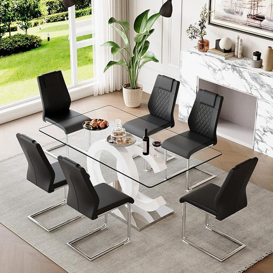 63'' Glass Dining Table Set for 6, Kitchen Table Chairs Set of 6, Clear Glass Dining Table with White unique design Leg and Silver Metal Base, 6 PU Dining Chairs with Metal Legs, Living Room, Kitchen.
