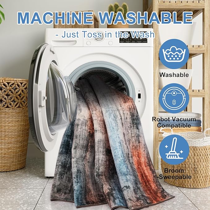 WILLSUN Washable Area Rugs, 8x10 Non-Slip Boho Large Area Rugs for Living Room, Bedroom, Machine Washable Vintage Rug, Indoor Floral Print Carpet for Home Decor, Kid & Pet Friendly Mat