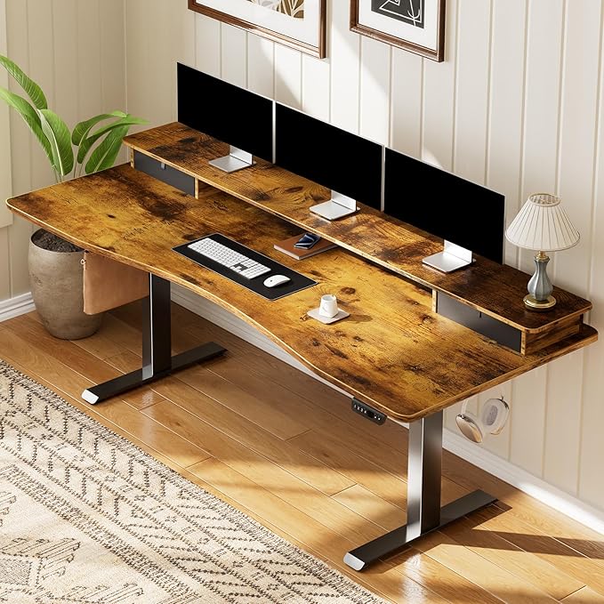 Veken 63"×27.6" Adjustable Standing Desk with Drawers, Ergonomic Computer Desk with Monitor Shelf, Home Office Desk for Work, Study, Gaming, Writing, Brown