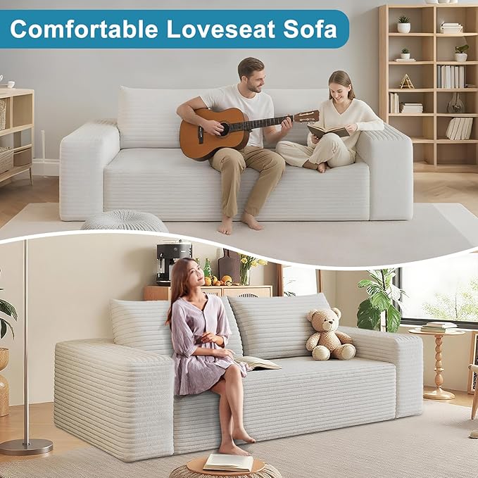 Saiveina 71" Corduroy Loveseat Sofa, Deep Seat Comfy Couch with Backrest and Armrests, No Assembly Required Sofa Couch for Living Room Bedroom Apartment, White