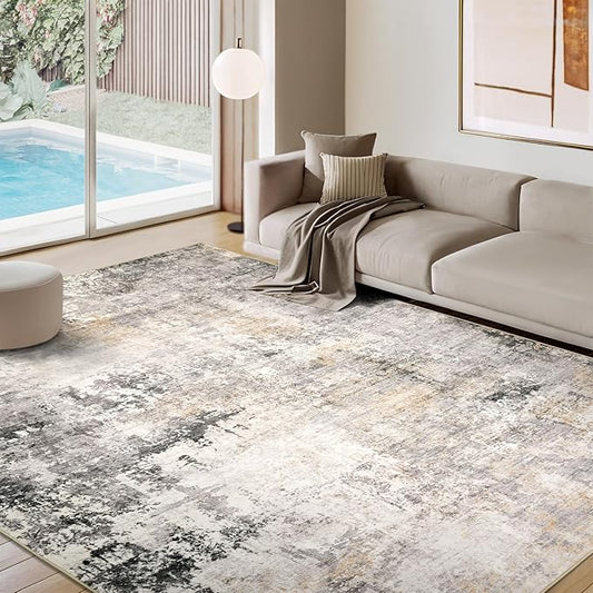 Area Rug Living Room Rugs - 9x12 Modern Abstract Soft Indoor Neutral Washable Rug Stain Resistant Non-Slip Low Pile Carpet for Bedroom Dining Room Home Office - Charcoal Grey