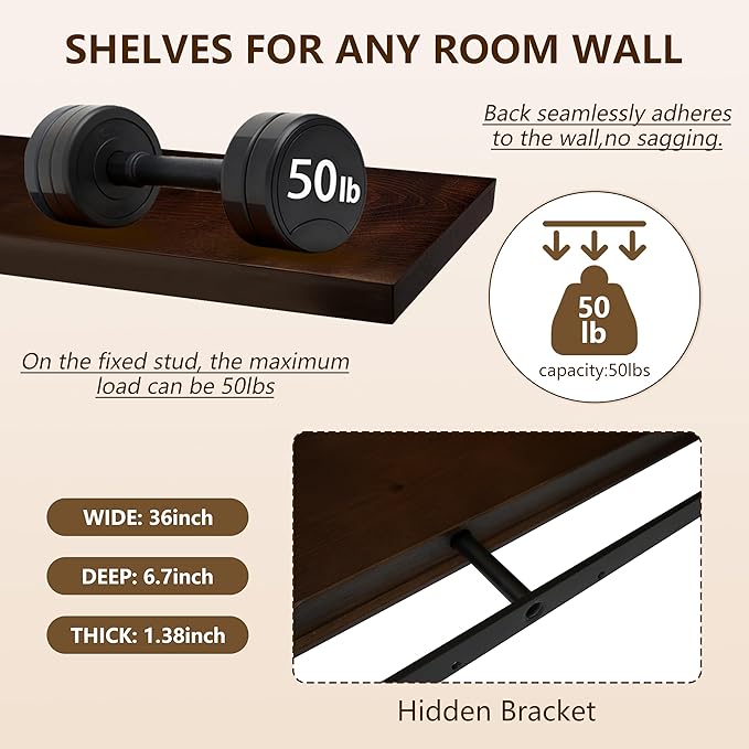 foxsky 36 Inch Solid Pine Wood Floating Shelves for Wall with Hidden Brackets, Rustic Farmhouse Wall Mounted Shelf for Bathroom, Living Room, Bedroom, Kitchen, Office Decor (Walnut)